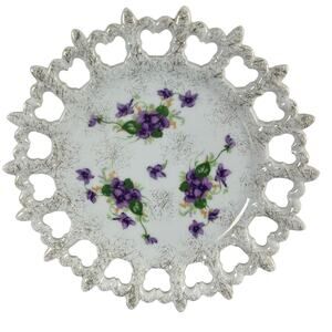 Vtg Norcrest Tart Decorative Hanging Plate- White Purple Gold- 8" Sweet Violet
